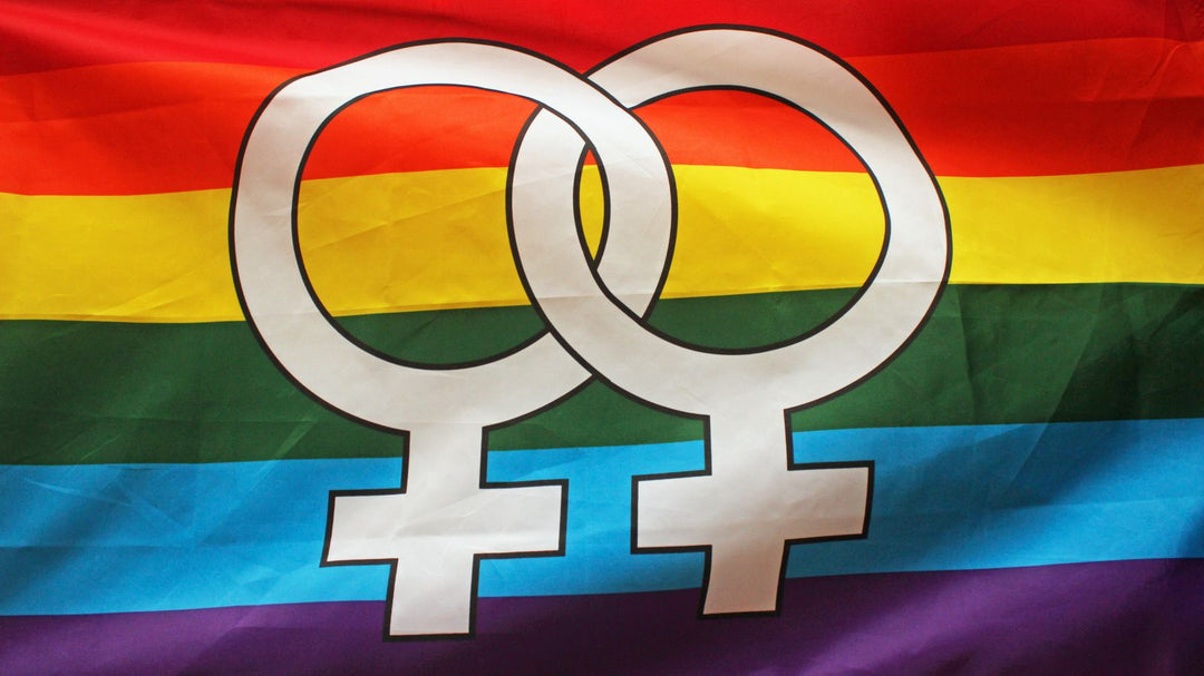 Lesbian pride flag with interlocking double Venus symbols — lesbian flag meaning and colors