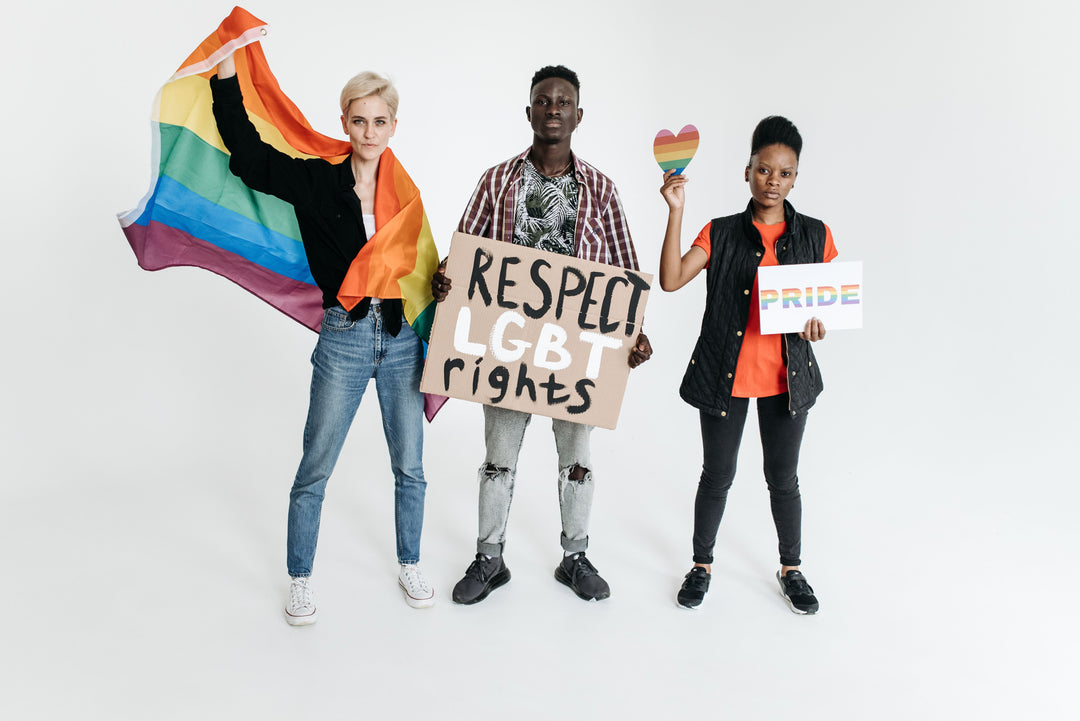 People holding pride signs and a rainbow flag advocating for LGBTQ+ rights