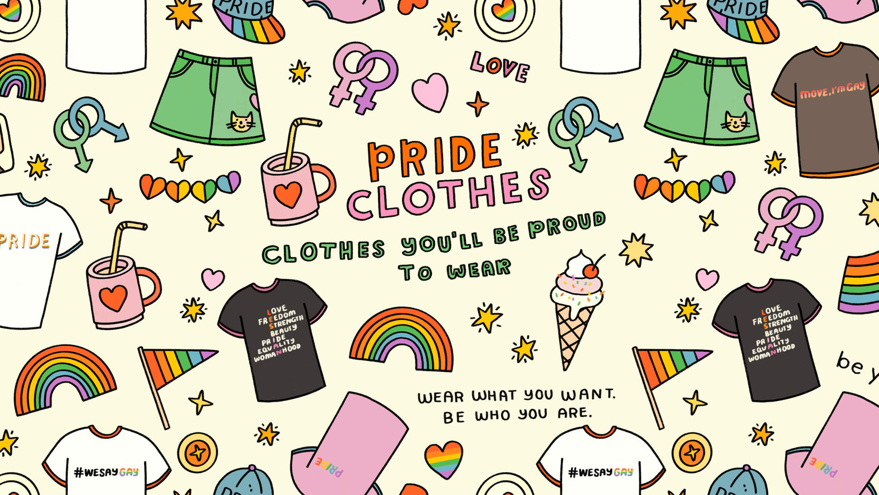 Pride Clothes banner image with shirts and the words clothes you'll be proud to wear