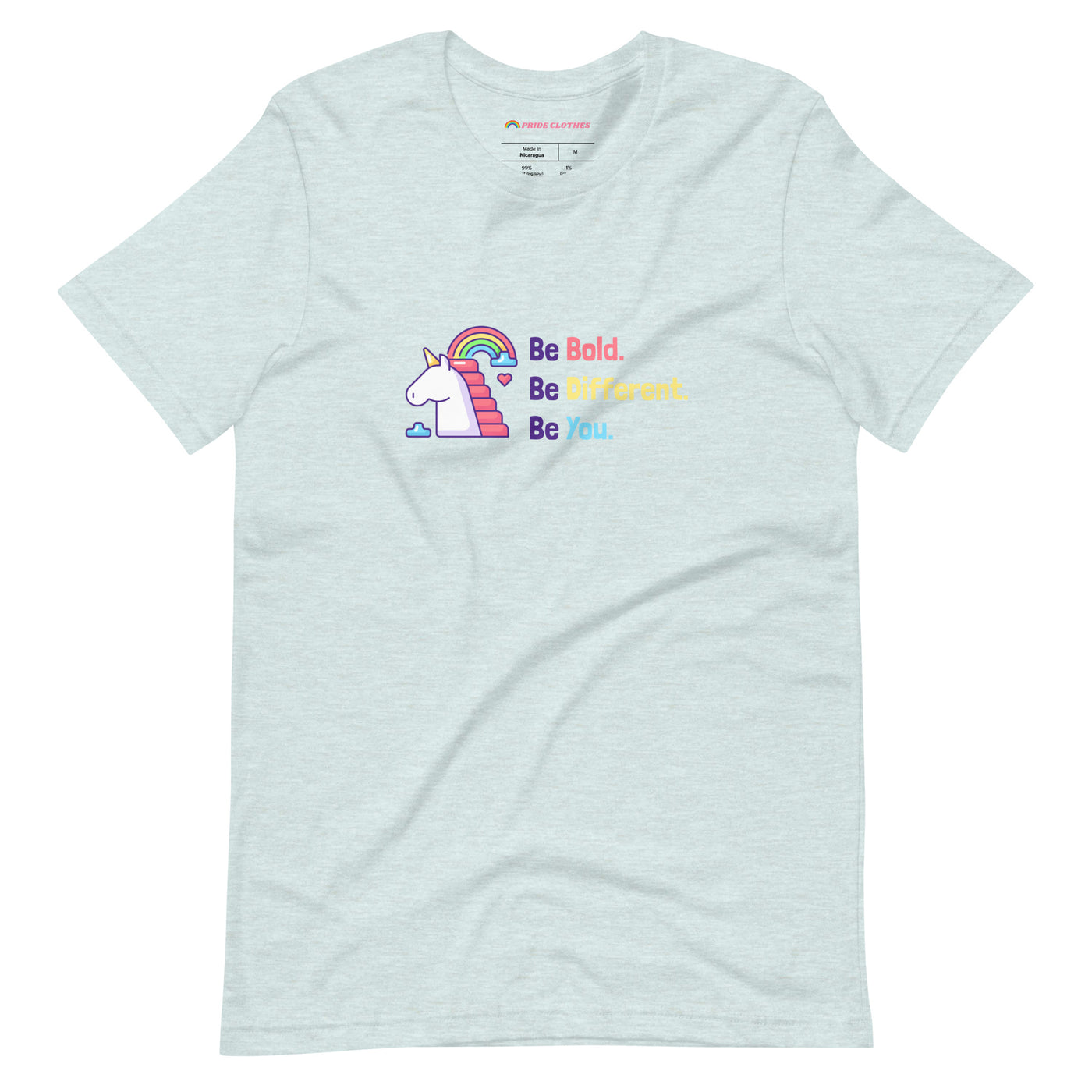 Pride Clothes - Be Bold Different & Uniquely You Unicorn Pride T-Shirt - Heather Prism Ice Blue