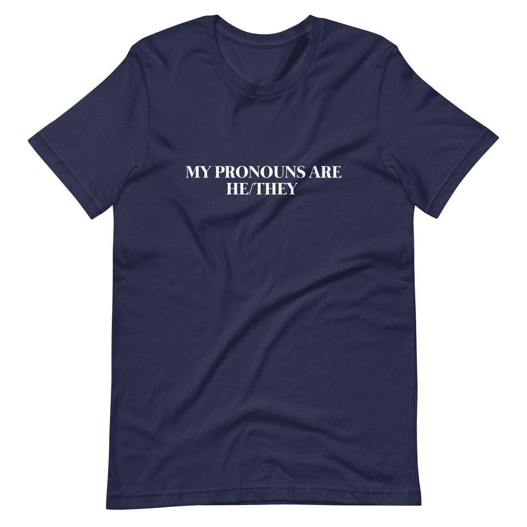 Pride Clothes - Hi! My name is.. & My Pronouns Are He/They Pride TShirt - Navy